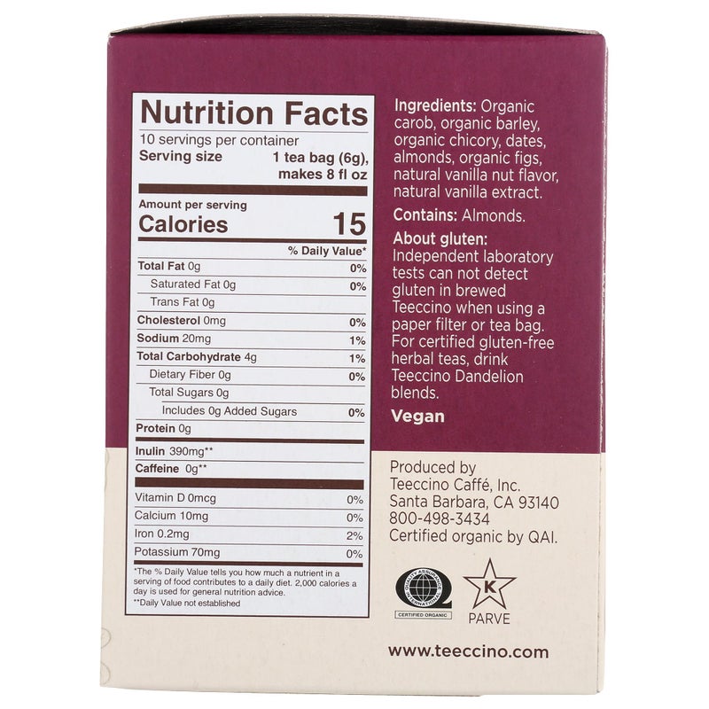 Teeccino Vanilla Nut Herbal Tea - Rich & Roasted Herbal Tea That’s Caffeine Free & Prebiotic for Natural Energy, 10 Tea Bags (Pack of 6) - Image 2